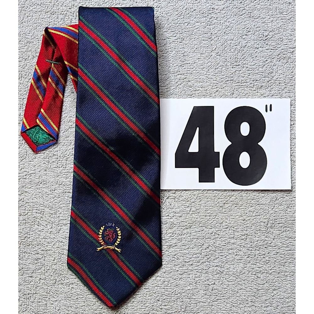 Tommy Hilfiger Men's Tie Navy Red Green Striped Woven Embroidered Logo
